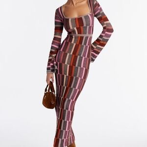 Fashion Nova Pink, Rust & Gray Striped Long Sleeve Bodycon Midi Dress